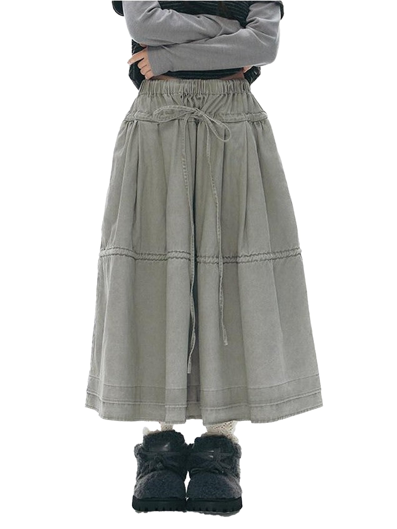 NAPSNAPS Washed Denim Tie Elastic Waist Flared Women&