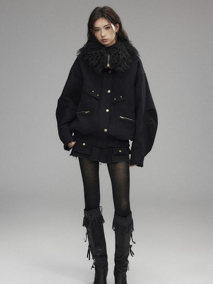 Low pixel Thick Wool Blend Multi Pocket Loose Fit Sexy Girl Black Zipper Cropped Jackets