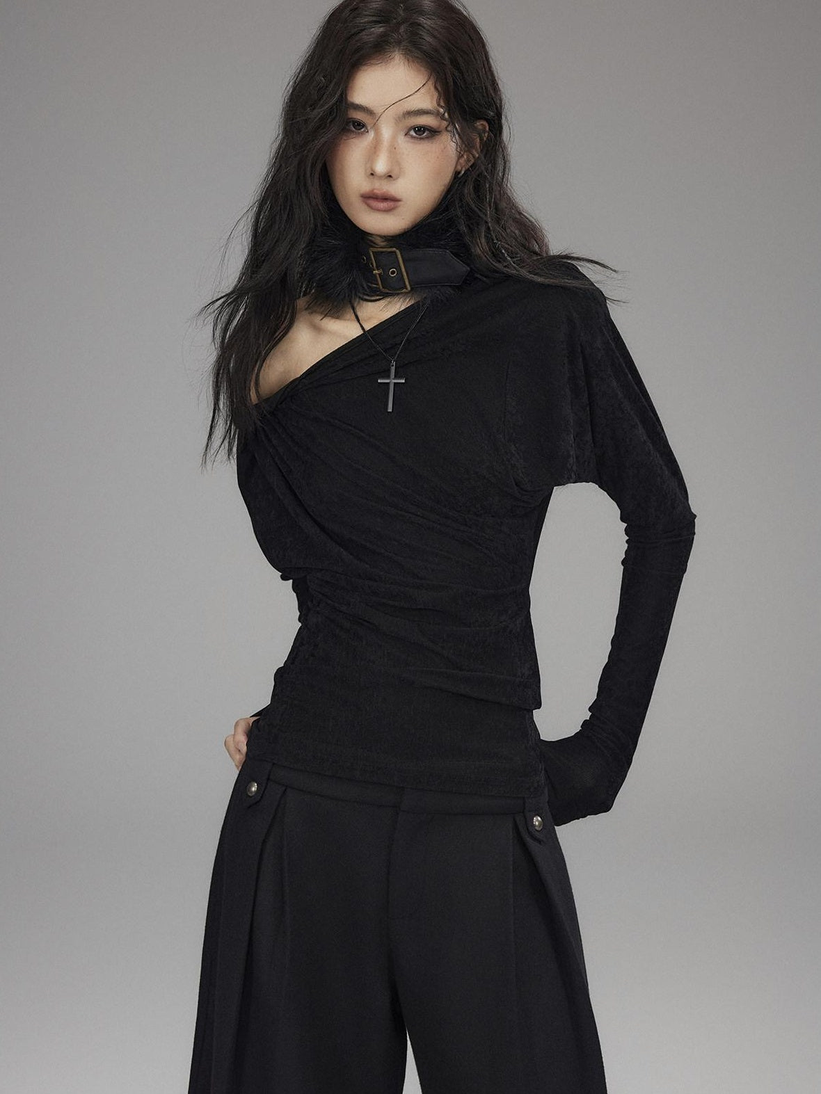 Low pixel Vintage Waist Long Sleeve Slant Neck Black Knit Women Off Shoulder Crop Tops