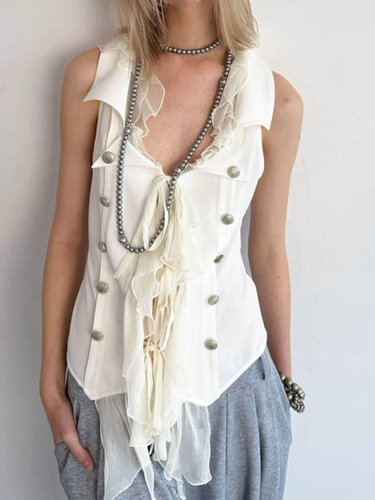 DoublePunch Ruffled Patchwork Slim Fit Vintage Blazer Sleeveless Women&