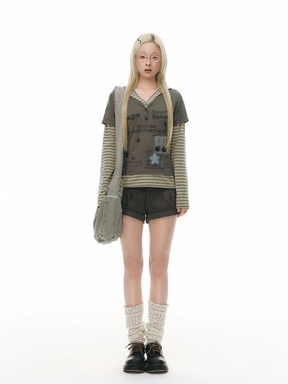 NAPSNAPS Striped Patchwork Letter Print Hooded Women&