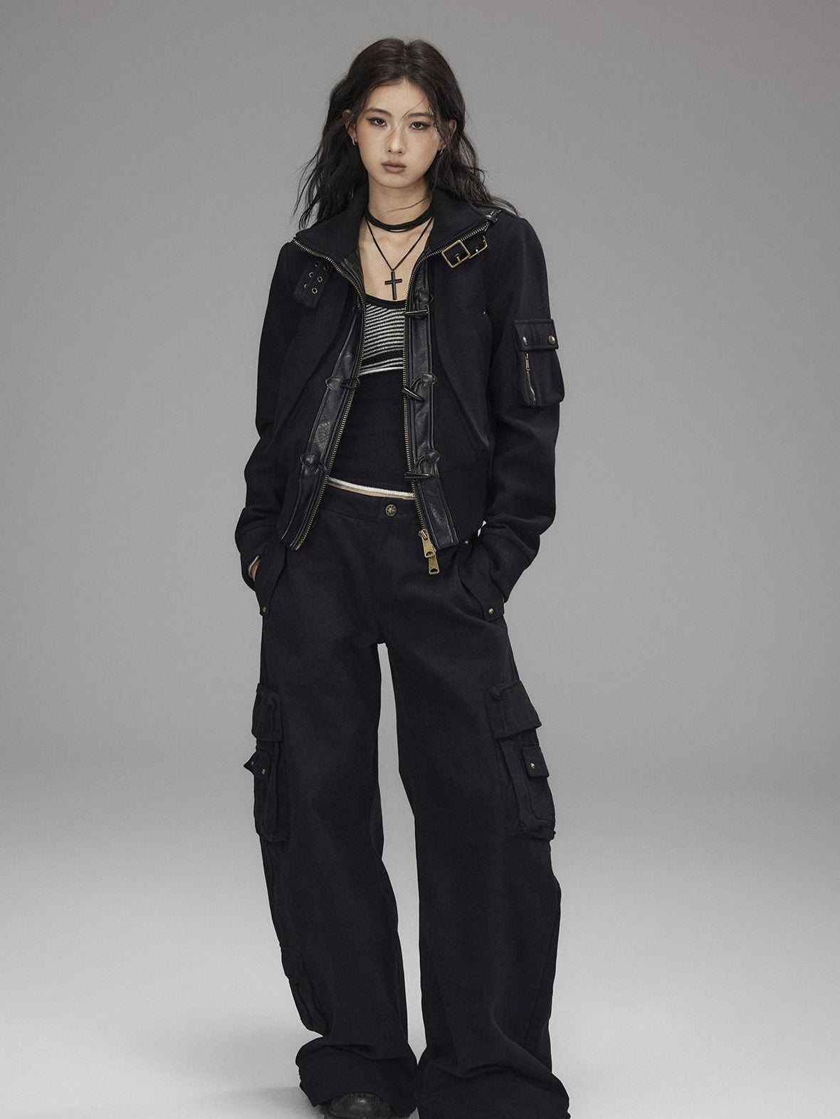 Low pixel Thick Wool Blend Slim Fit Street Hippie Stand Collar Black Cropped Jackets