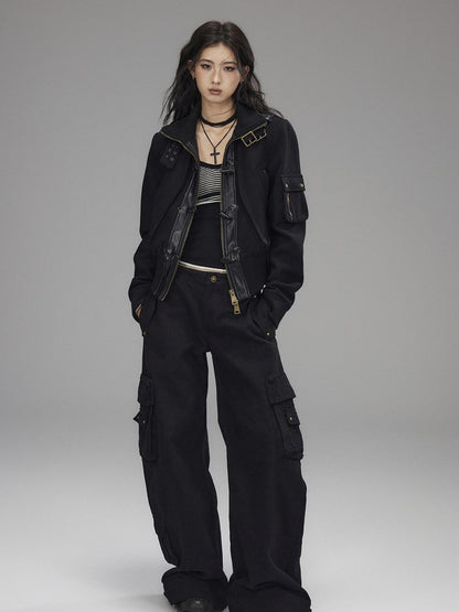 Low pixel Thick Wool Blend Slim Fit Street Hippie Stand Collar Black Cropped Jackets
