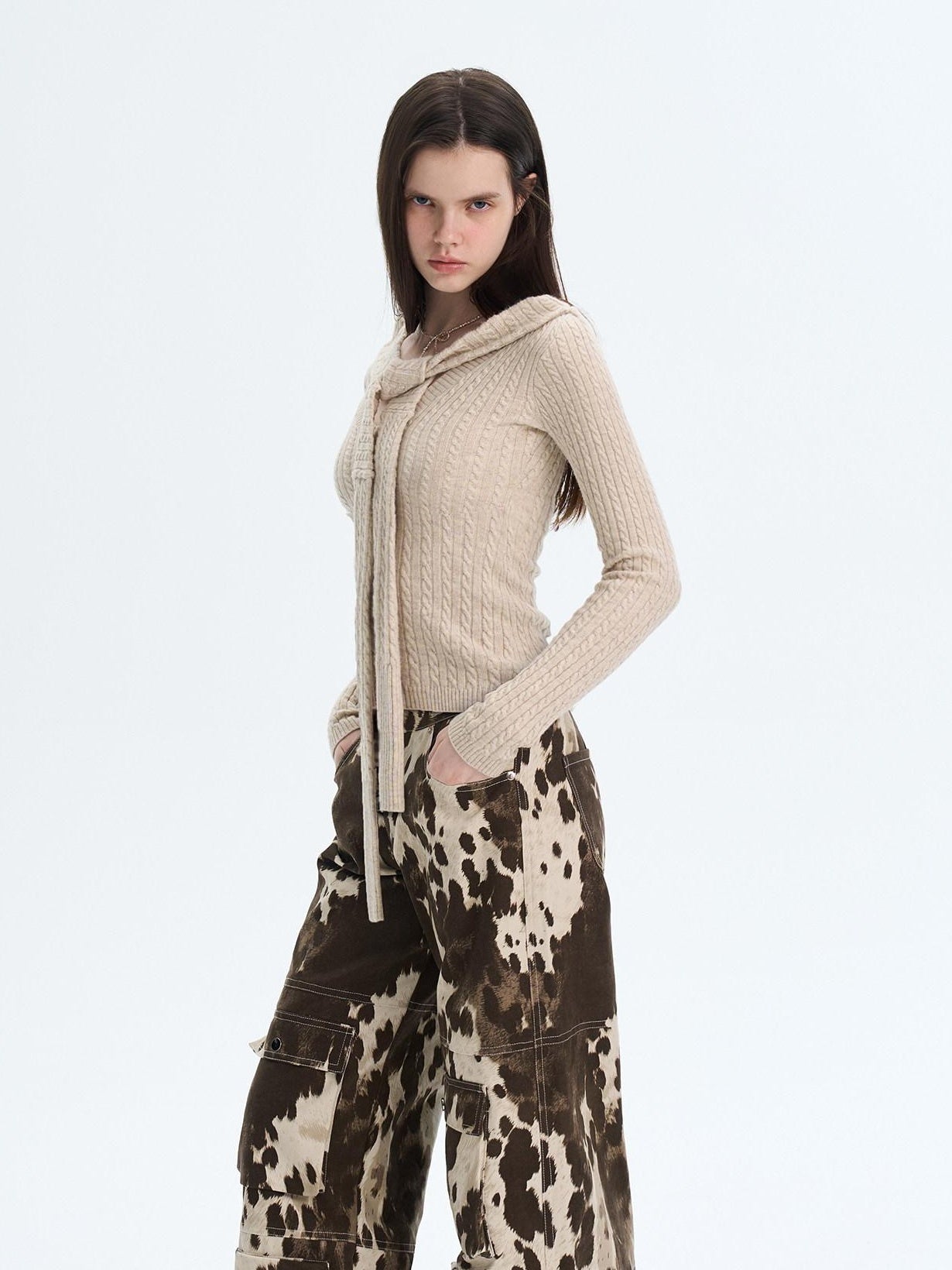 The NeverMore Khaki Wool Blend Slim Fit Layered Tie Detail Off Shoulder Pullover Sweaters