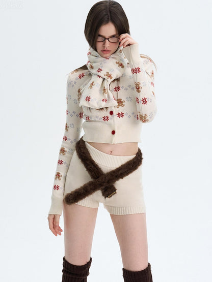 The NeverMore Cashmere Blend Bear Jacquard Cute Slim Cropped Crewneck Knitwear Cardigans