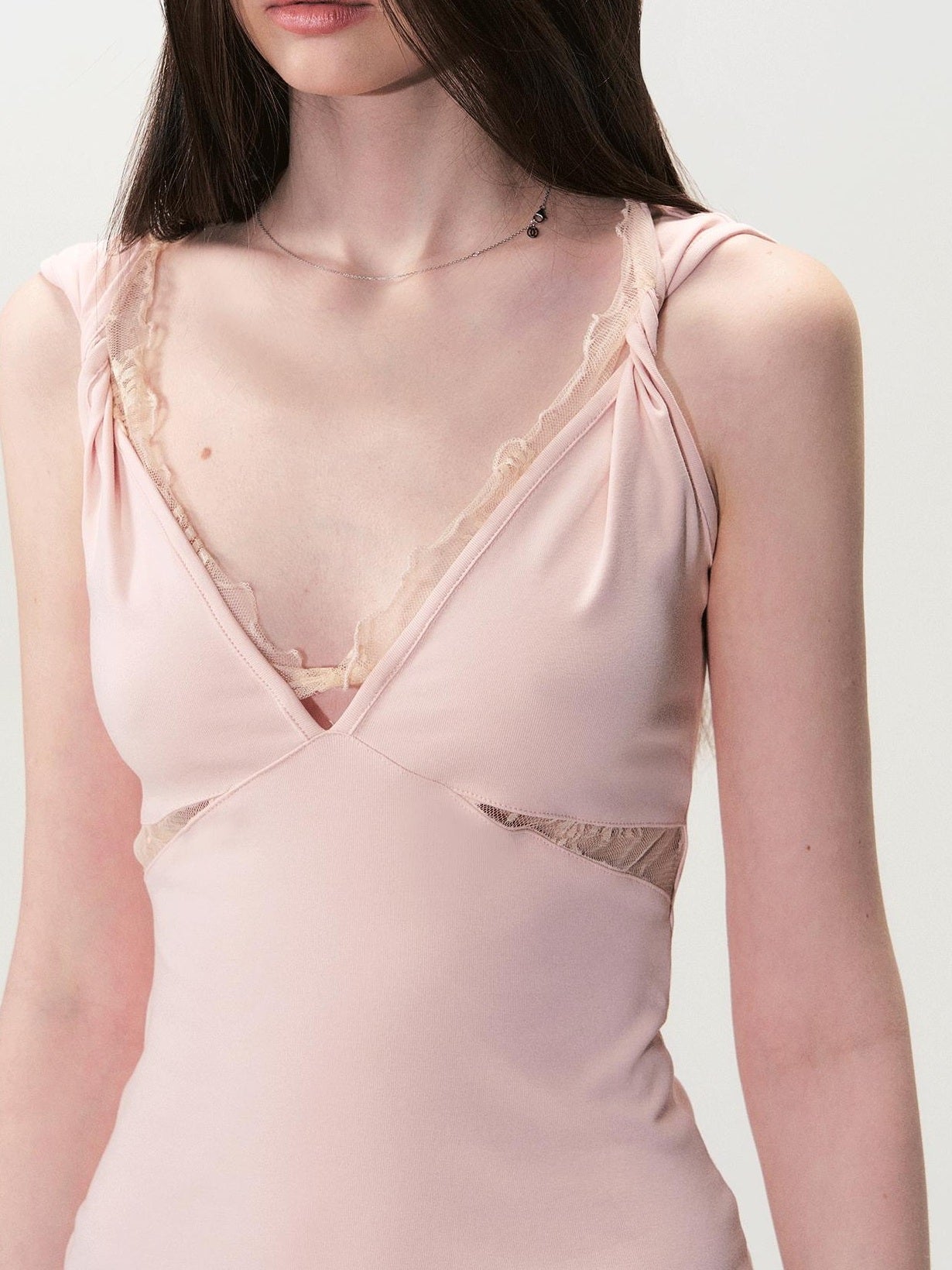 The NeverMore Soft Lace Slim Fit V-neck Stretch Cotton Tencel Women Pink Camisoles