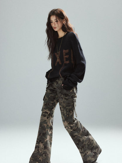 Low pixel Warm Oversized Street Style Distressed Hem Women Black Knit Pullover Sweaters