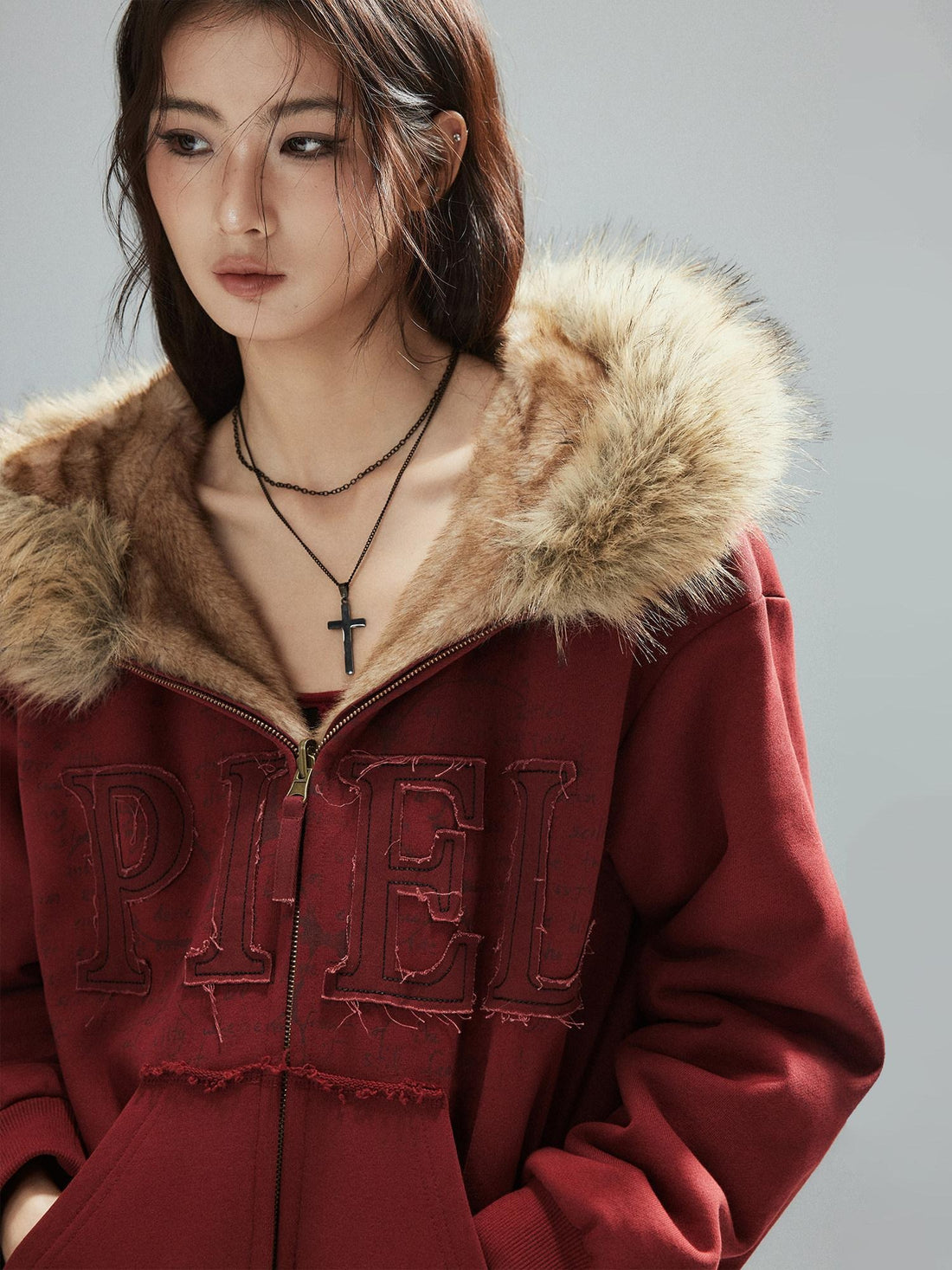 Low pixel Thick Warm 100 Percent Cotton Street Loose Fit Zip Up Women Red Oversized Hoodie