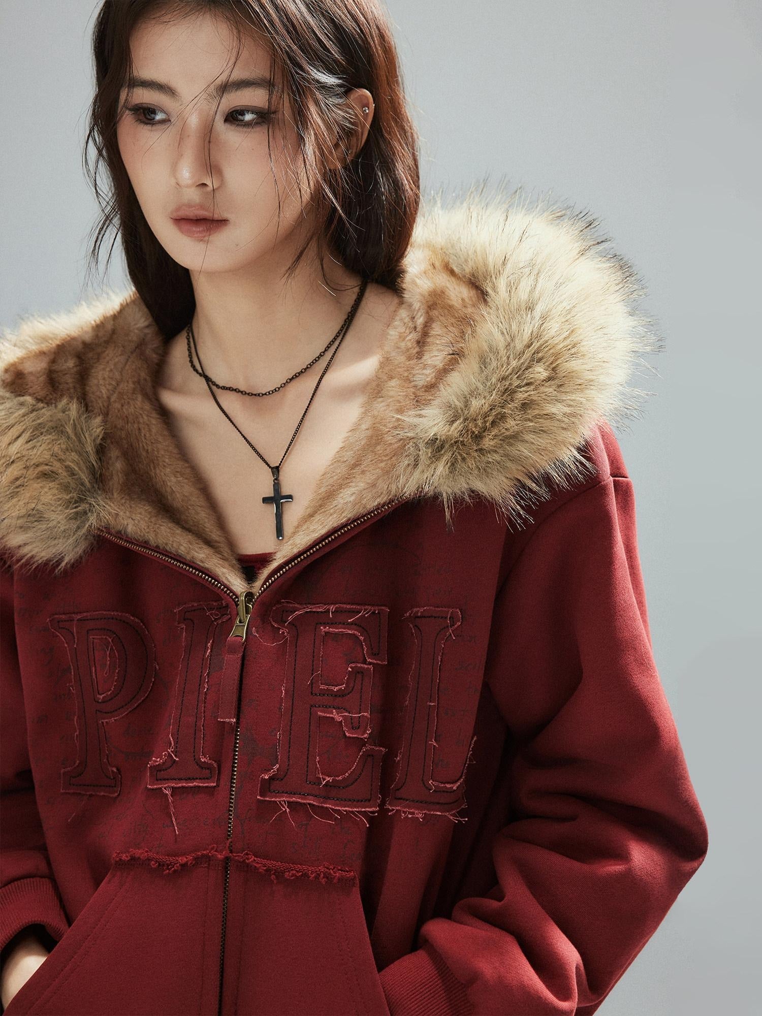 Low pixel Thick Warm 100 Percent Cotton Street Loose Fit Zip Up Women Red Oversized Hoodie