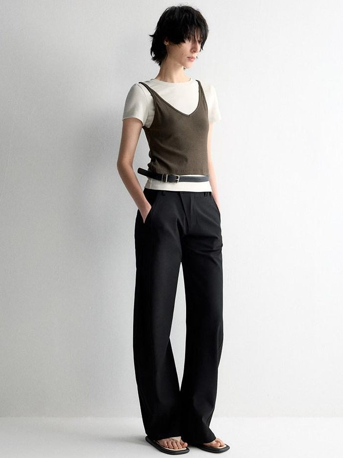 RUN TO THE FUTURE Soft Stretch Low Rise Minimal Loose Curved Tapered Women Classic Black Chinos