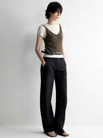 RUN TO THE FUTURE Soft Stretch Low Rise Minimal Loose Curved Tapered Women Classic Black Chinos