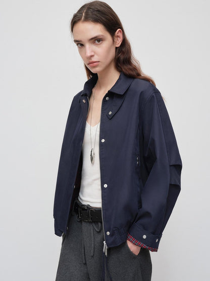 RUN TO THE FUTURE Windproof Lightweight American Loose Fit Plaid Zip Navy Women Windbreakers