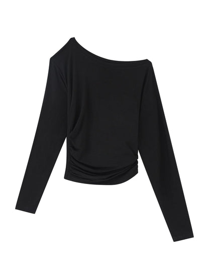 RUN TO THE FUTURE Moisture Wicking Lyocell Slim Asymmetric Neck Women Solid Long Sleeve T-Shirts