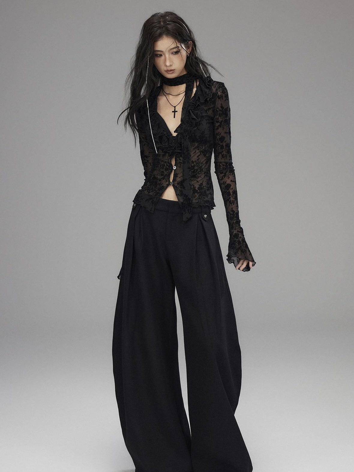 Low pixel Black Wool Blend Low Rise Zipper Casual Straight Hem Women Wide Leg Pants