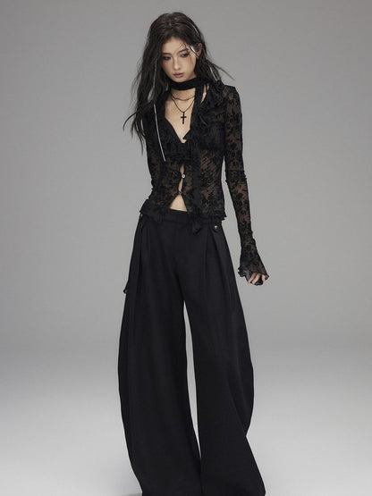 Low pixel Black Wool Blend Low Rise Zipper Casual Straight Hem Women Wide Leg Pants