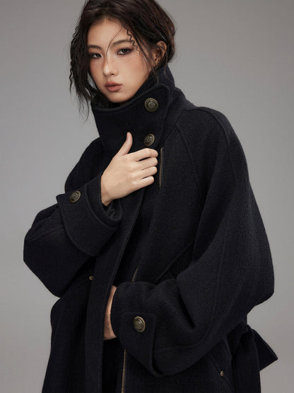 Low pixel Thick Wool Blend Oversized Streetwear European Long Zip Lapel Black Wool Coats