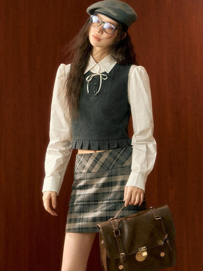 7Shiftin High Waist Cotton Plaid A Line Slim Fit Casual Girls Mini Skirts