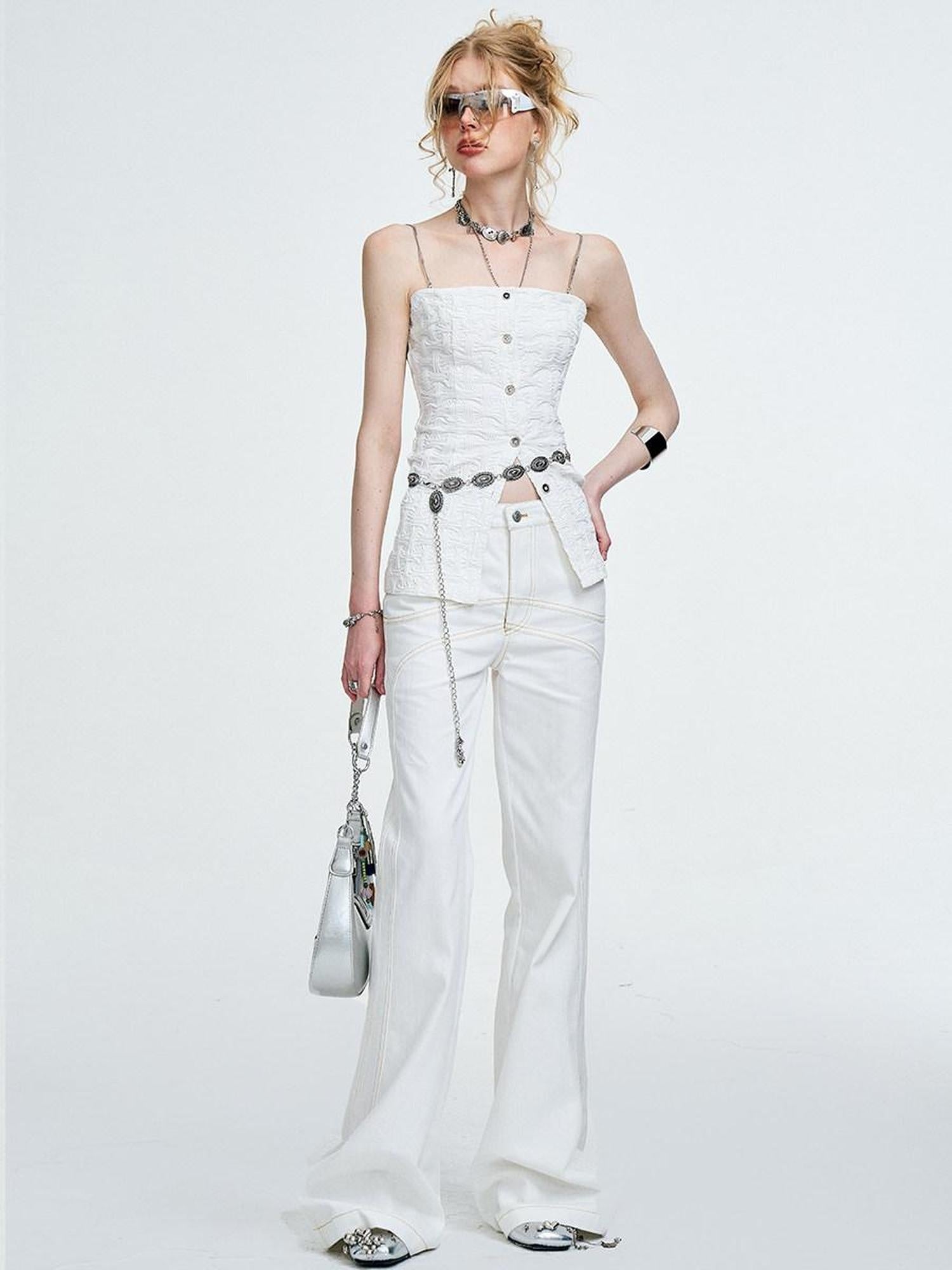 The NeverMore 3D Chain Ruffle Button Original Slim Fit Cotton Blend Solid White Camisoles