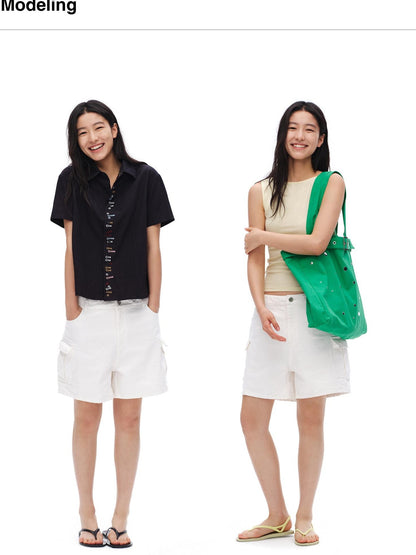 oinimi White Vintage Bermuda Cargo Button Fly Pocket Women&