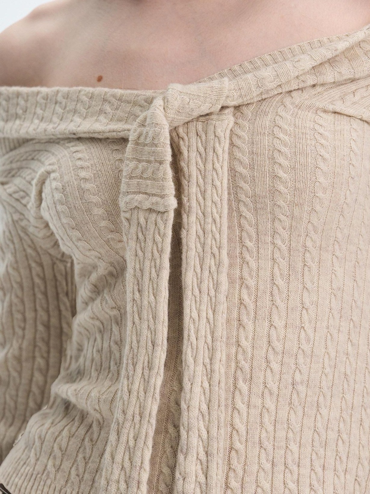 The NeverMore Khaki Wool Blend Slim Fit Layered Tie Detail Off Shoulder Pullover Sweaters