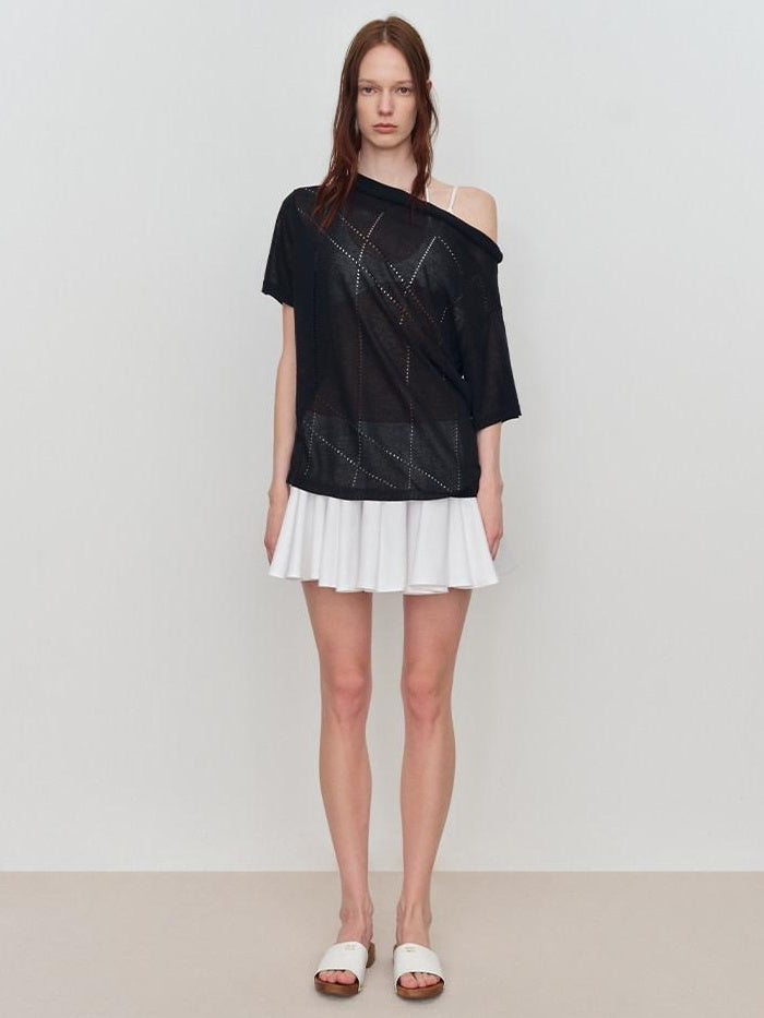 RUN TO THE FUTURE Viscose Knit Loose Cutout Slanted Neck Black Cross Print Short Sleeve T-Shirts