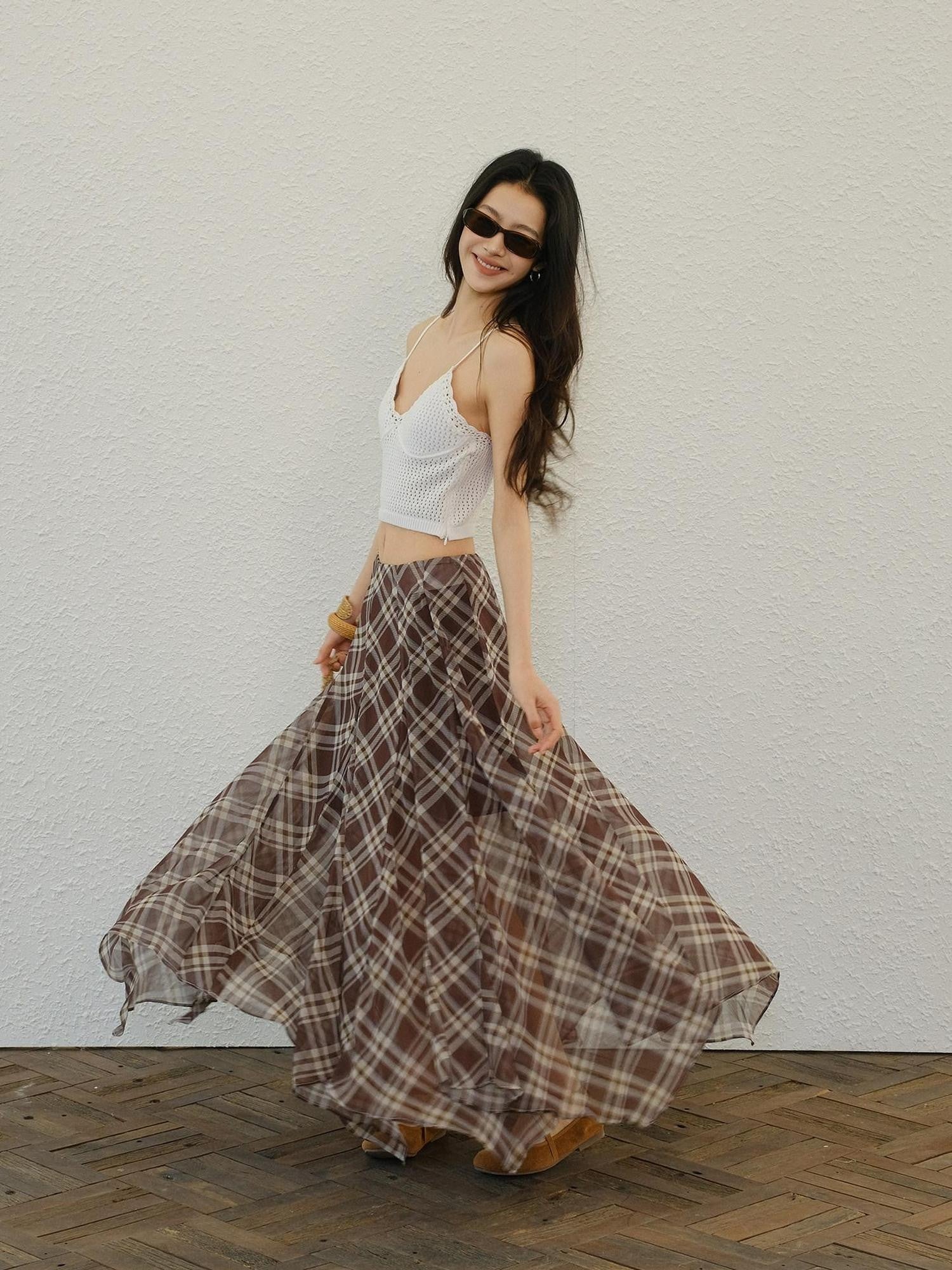 FU FRESH UP Vintage Plaid Print Irregular A Line High Waist Women&