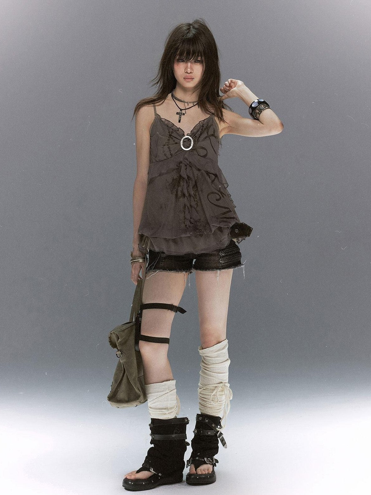 Cest Nous Grunge Punk Studded Dual Strap Detachable Women&