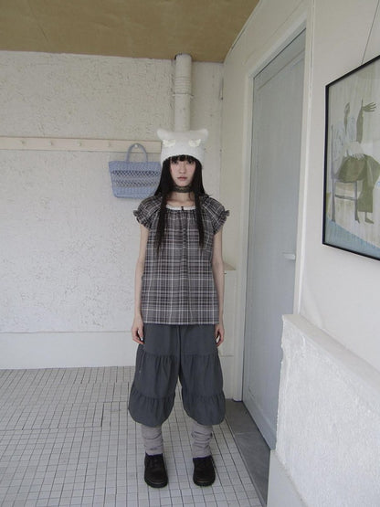 ang project Brown Plaid Patchwork Lace Trim Puff Sleeve Women&