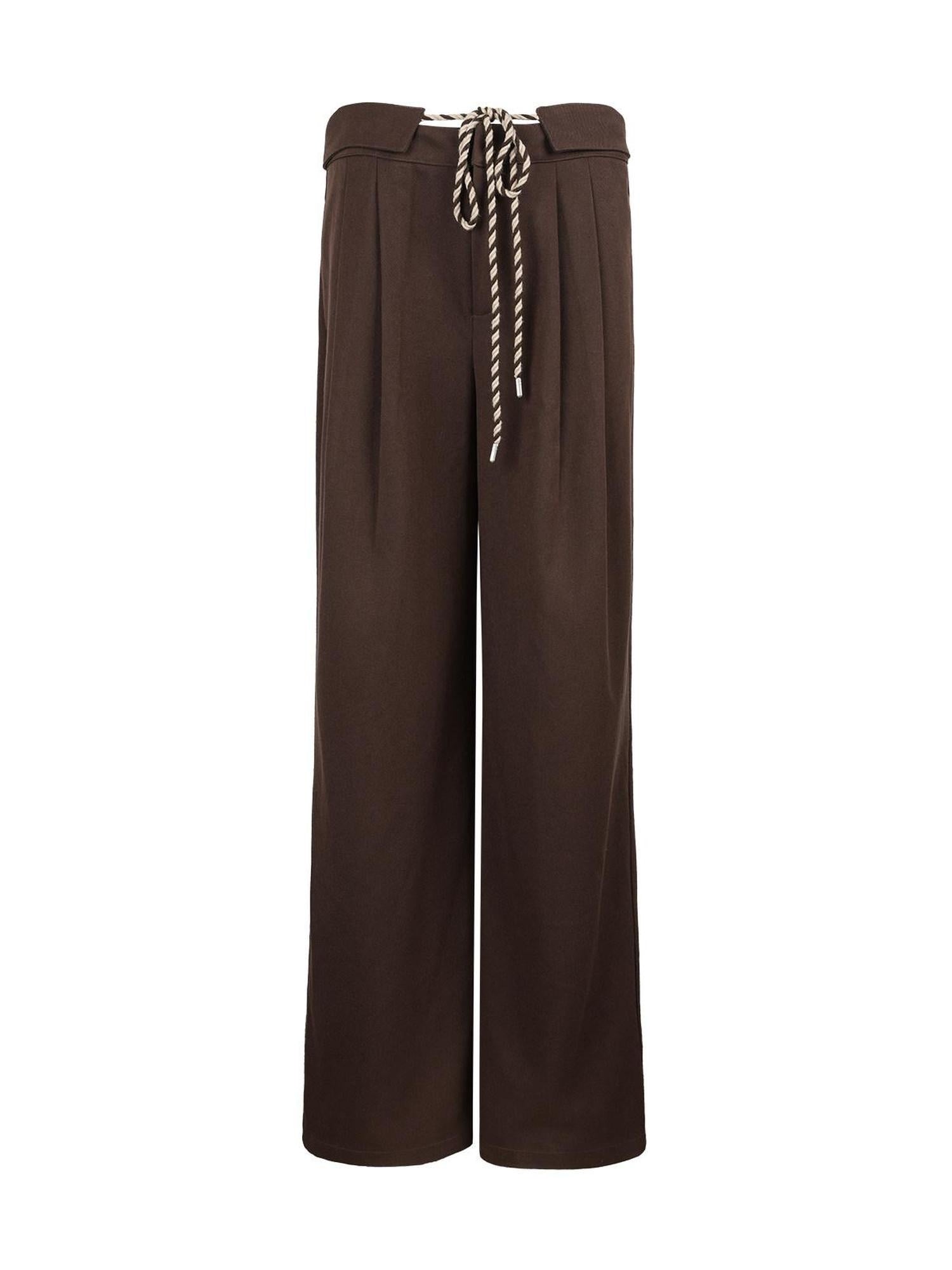 7Shiftin Brown Drawstring Pocket Natural Waist Original Straight Women Wide Leg Pants