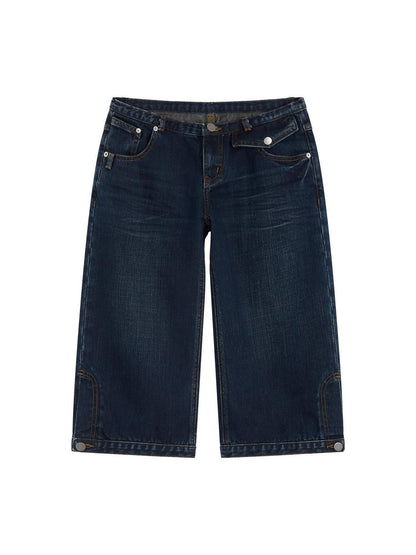 RUN TO THE FUTURE Durable Vintage Deep Blue Casual Low Rise Straight Fit Zipper Denim Shorts