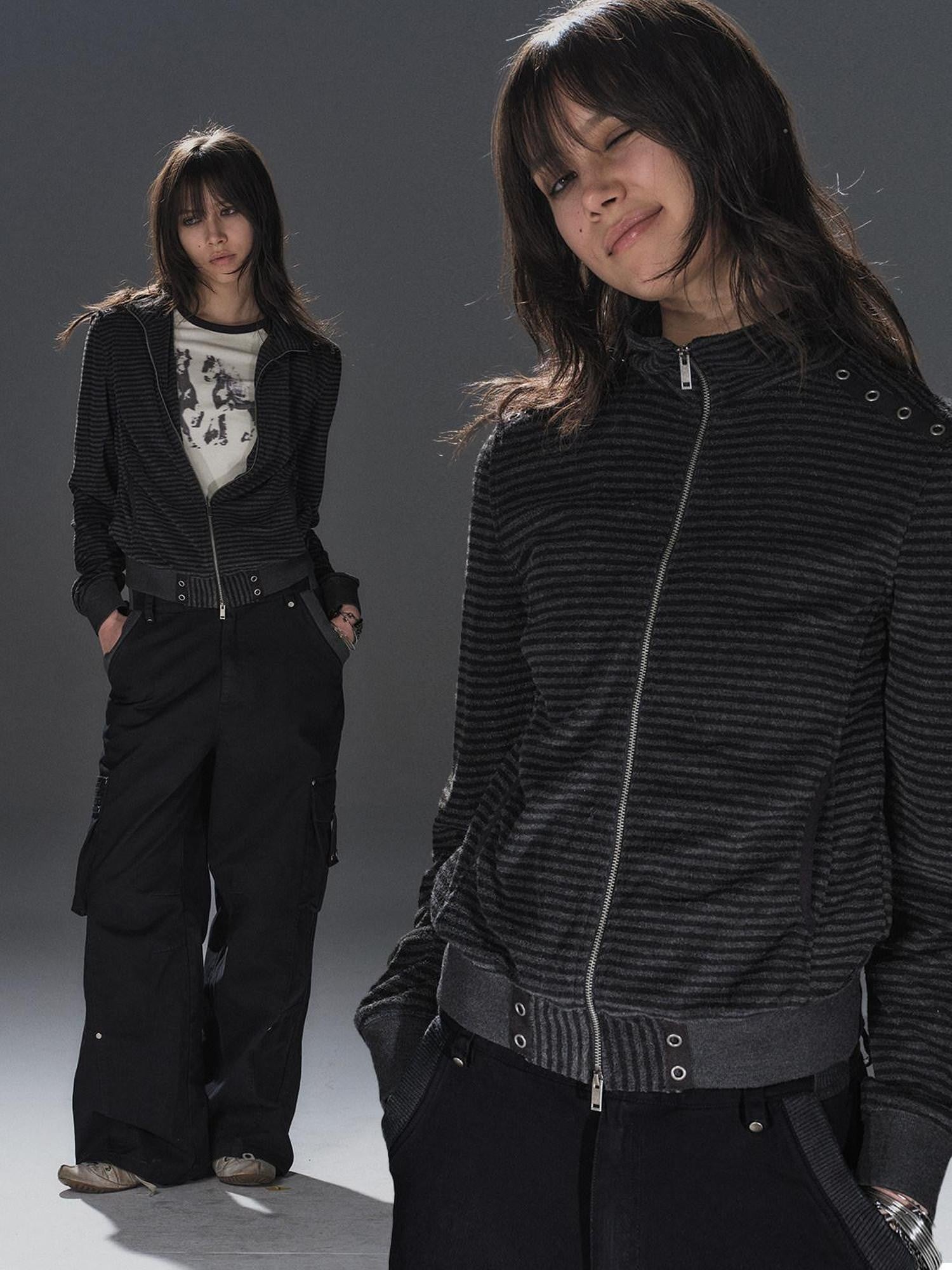 wear And tear Black Gray Striped Eyelet Tape Splice Punk Women&