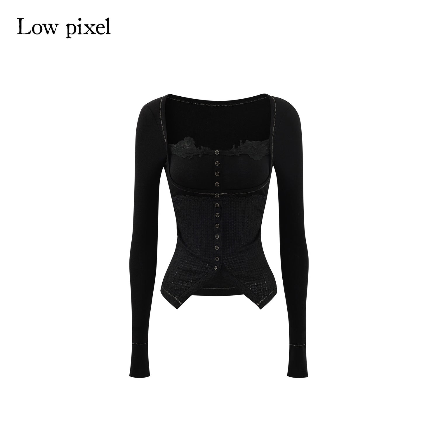 Low pixel Slim Fit Gothic V-neck Paneled Knit Black Womens Everyday Long Sleeve Crop Tops