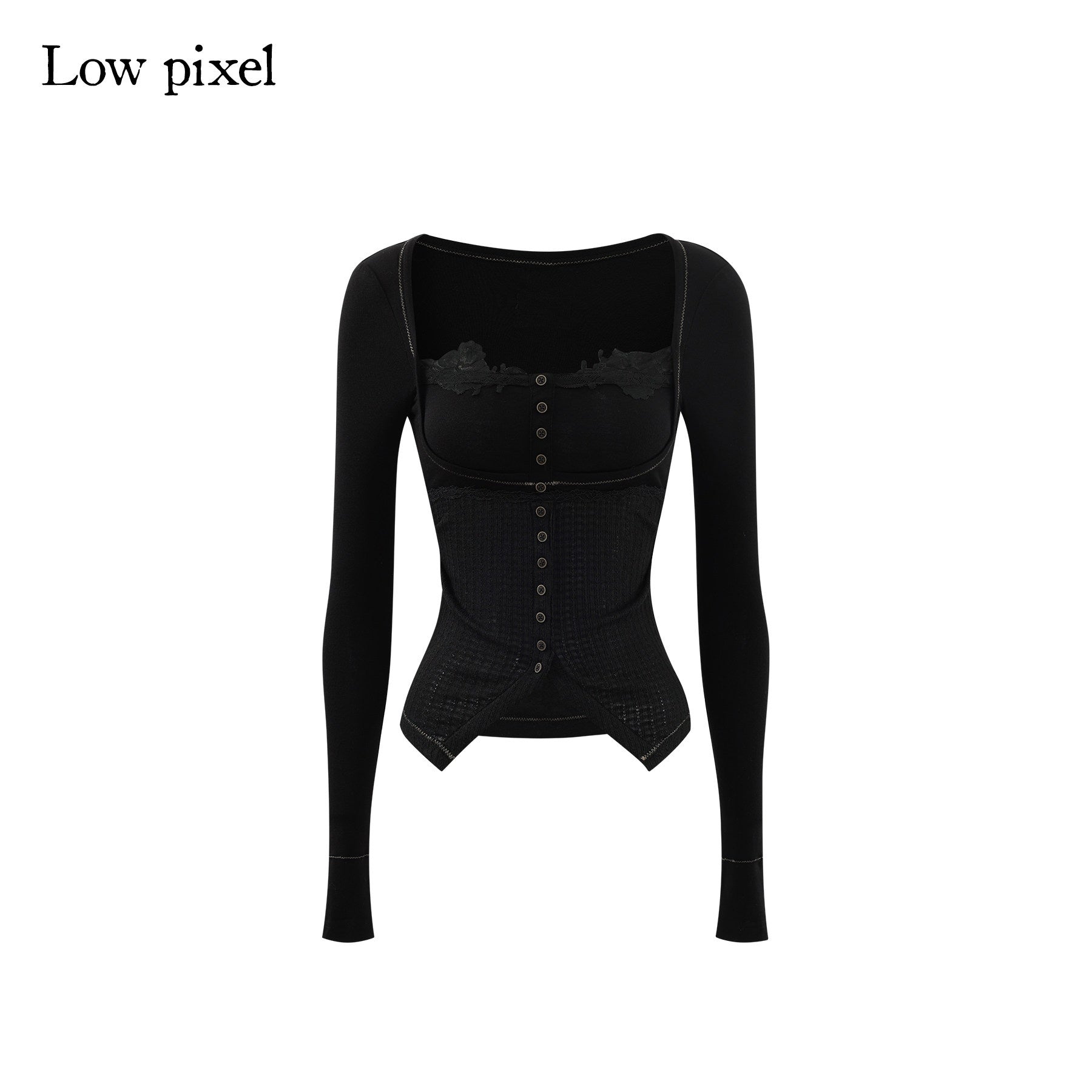 Low pixel Slim Fit Gothic V-neck Paneled Knit Black Womens Everyday Long Sleeve Crop Tops