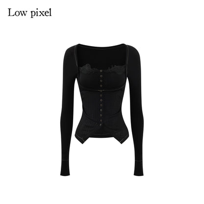 Low pixel Slim Fit Gothic V-neck Paneled Knit Black Womens Everyday Long Sleeve Crop Tops