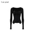 Low pixel Slim Fit Gothic V-neck Paneled Knit Black Womens Everyday Long Sleeve Crop Tops