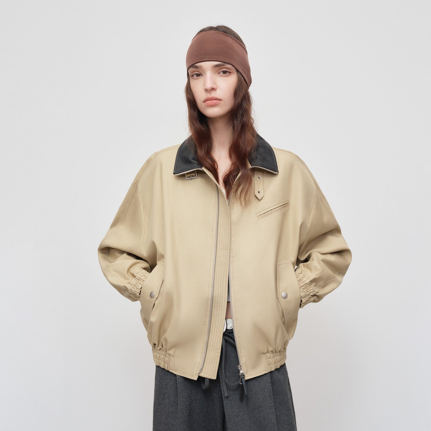 RUN TO THE FUTURE Khaki Cotton Patchwork Barn Style Loose Fit Unisex Zipper Track Jackets