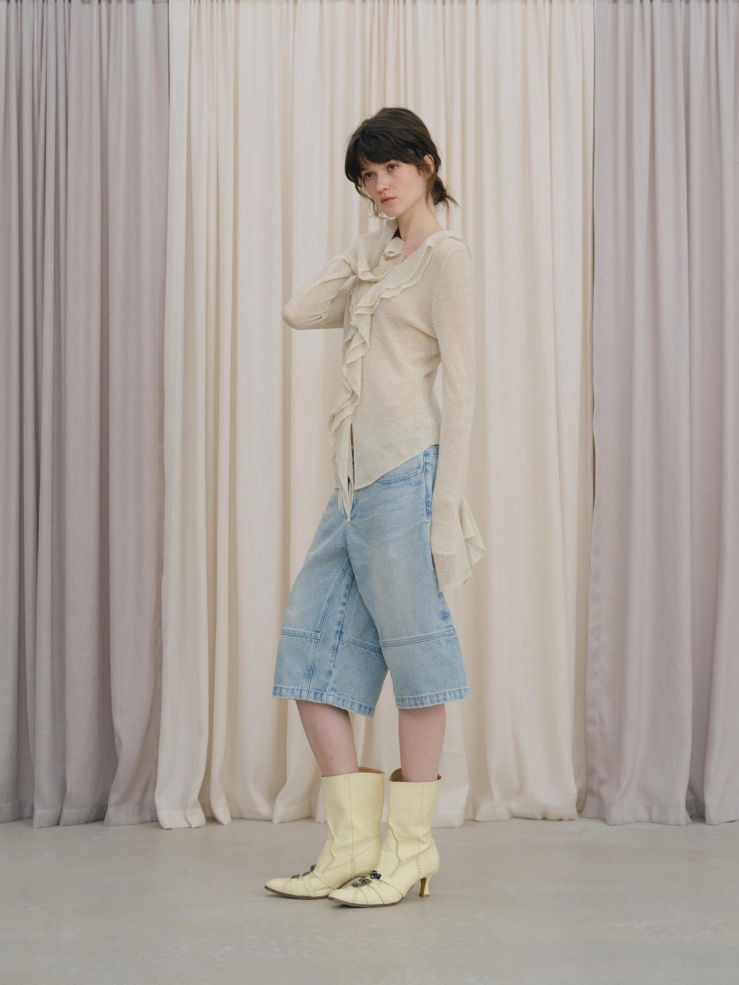 DKZ OFFICIAL Irregular Ruffle Tie V-neck Sheer Knitted Women&