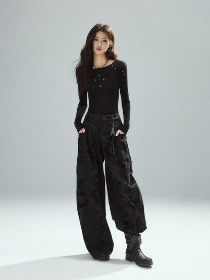 Low pixel Black Cotton Flocked Low Rise Loose Street Women Zip Fly Wide Leg Jeans