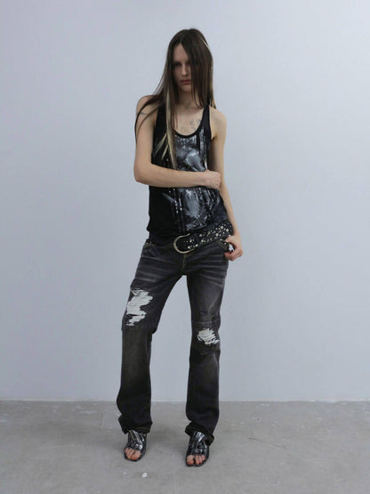 DoublePunch Dark Wash Whisker Distressed Ripped Low Rise Women&