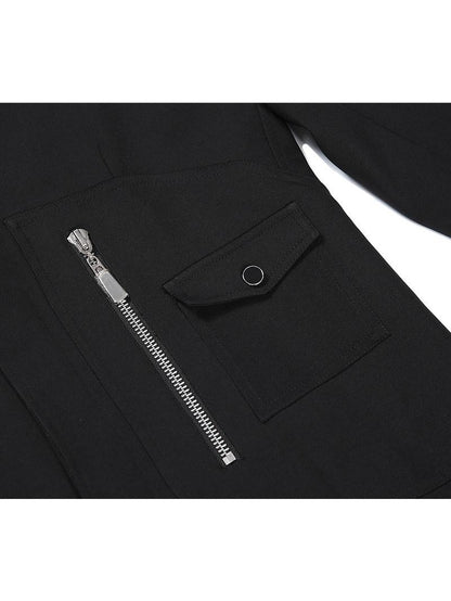 JYOSEI Black Padded Shoulder Loose Fit Single Button Pockets Women&