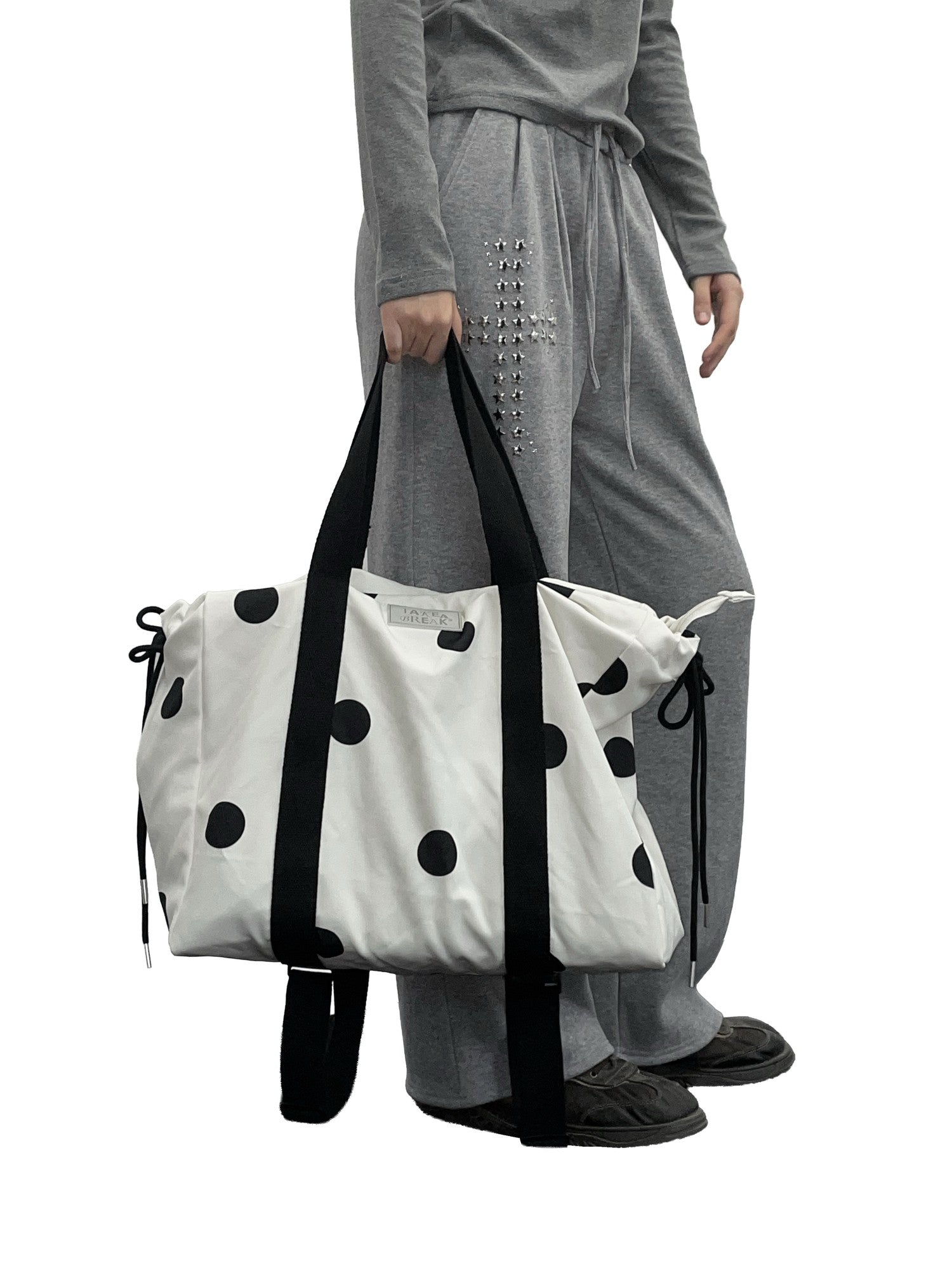 takeabreak Black White Polka Dot 26L Multi Carry Dual Zipper Tote Women&
