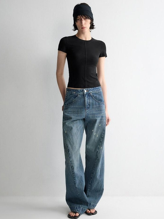 RUN TO THE FUTURE Ripped Washed Durable Low Rise Relaxed Fit Vintage Blue Wide-Leg Jeans
