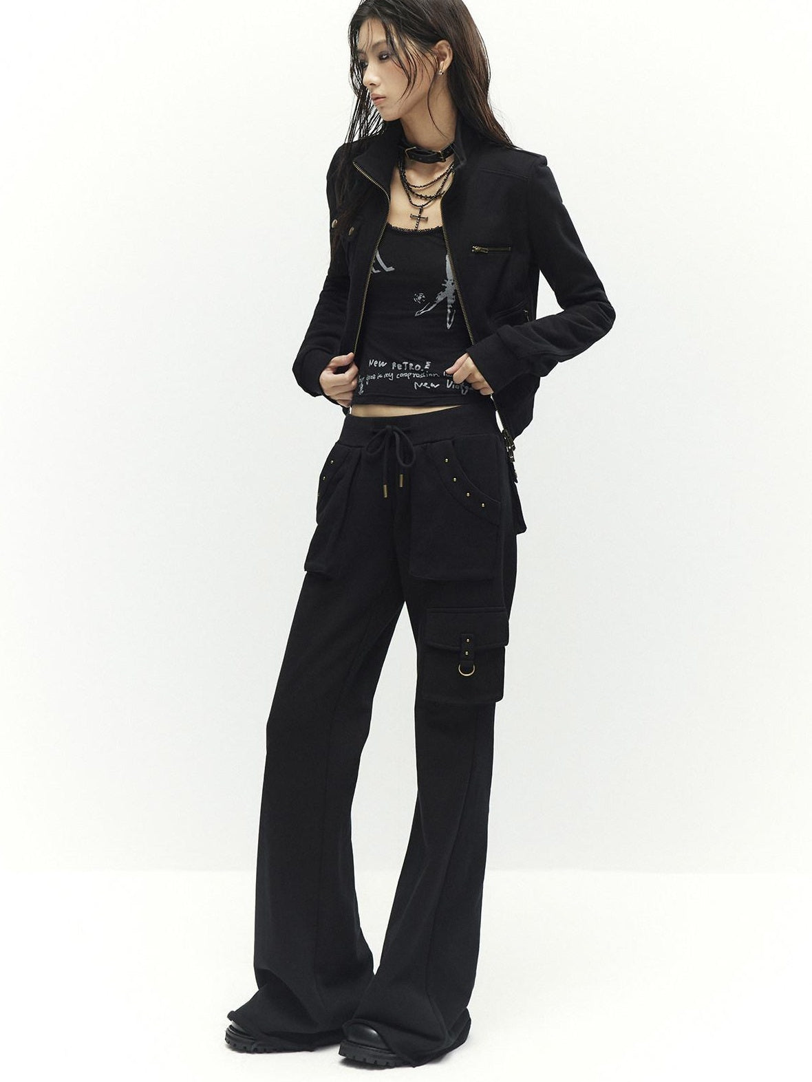 Low pixel Studded Slim Fit Zip Front Stand Collar Thick Cotton Black Top &amp; Pants Sets