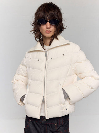 RUN TO THE FUTURE 90% White Duck Down Warm Short Straight Retro Cream Nylon Zipper Down Jackets