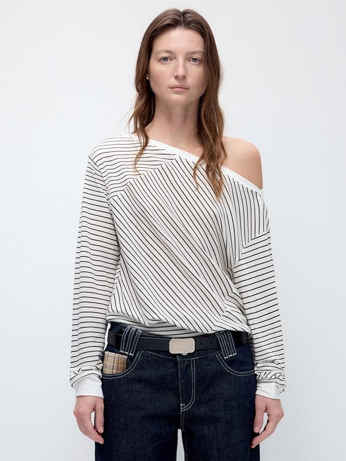 RUN TO THE FUTURE Lyocell Wool Blend Loose Fit Slanted Neck Striped Long Sleeve T-Shirts