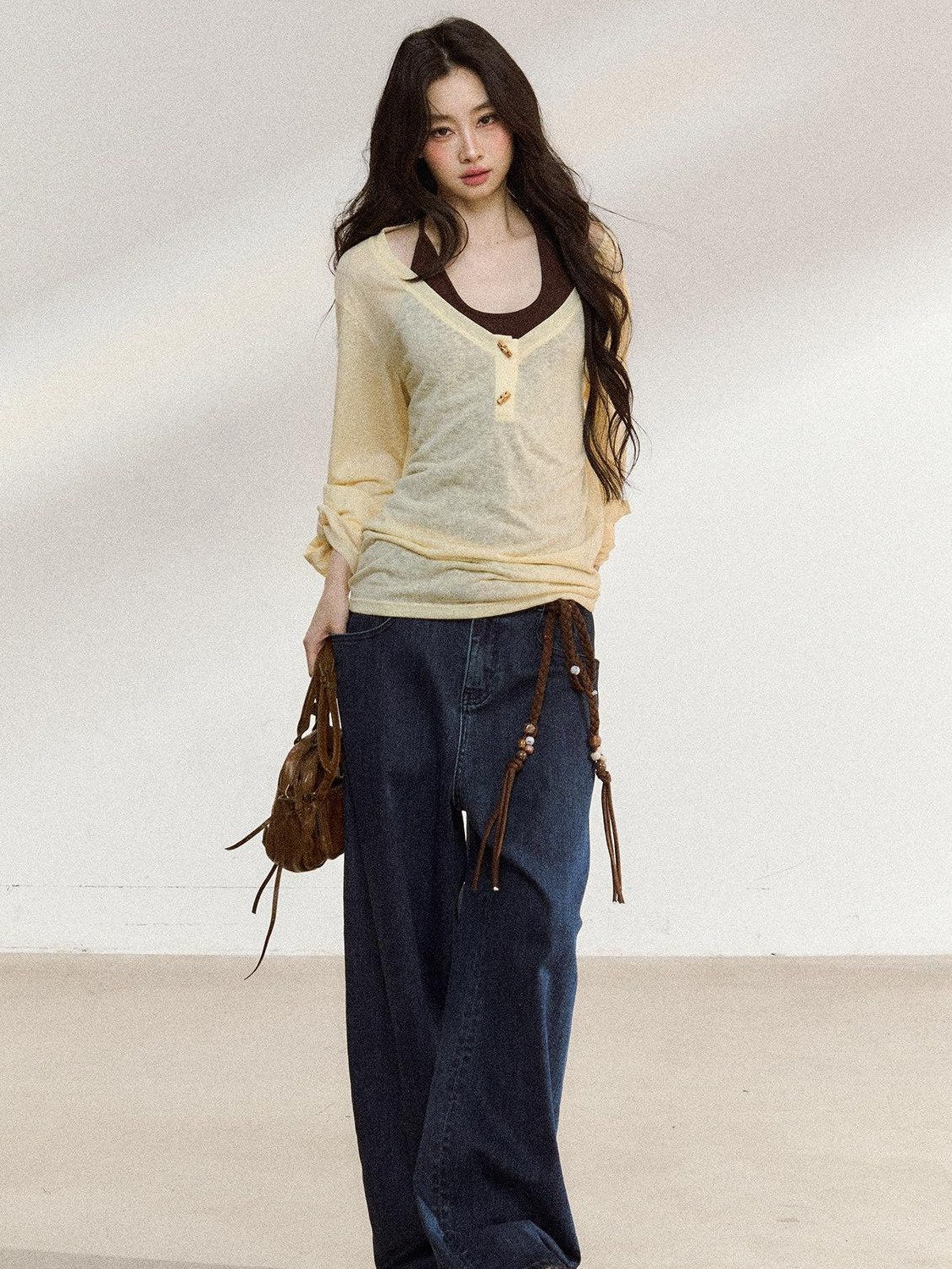 7Shiftin Layered Two Piece Casual Round Neck For Women Cami Coverup Long Sleeve T-Shirts