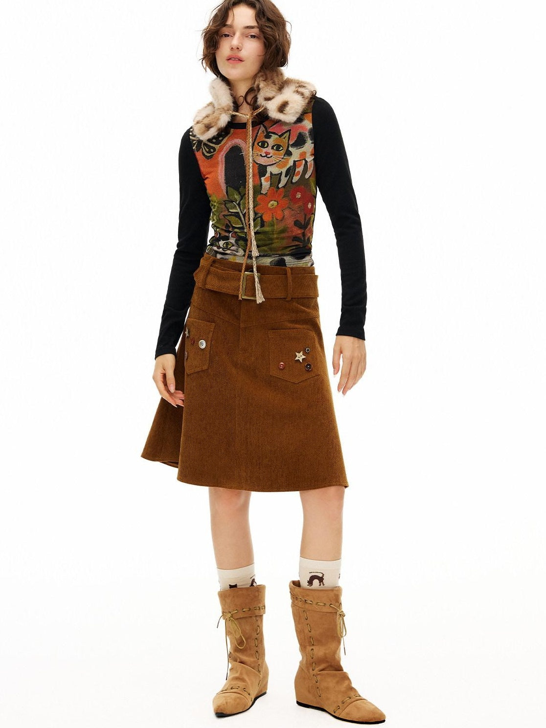OuttheBlue Handsewn Embroidery Minimalist A Line Mid Waist Caramel Polyester Midi Skirts