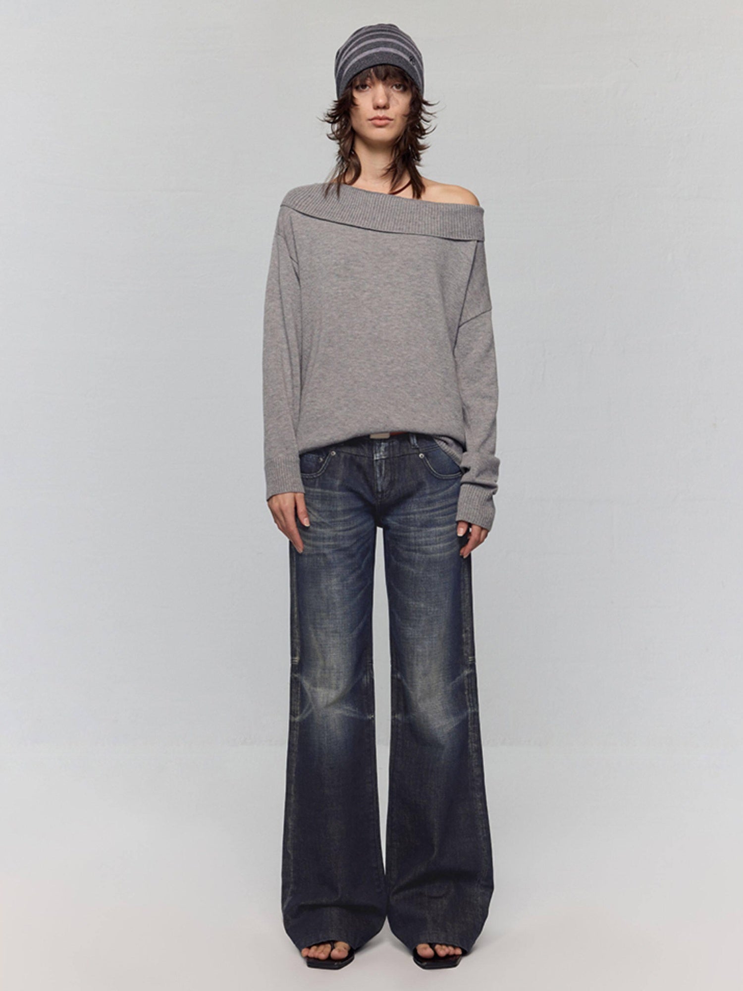 RUN TO THE FUTURE Vintage Commuter Loose Tie Asymmetric Neck Women Grey Knit Long Sleeve T-Shirts