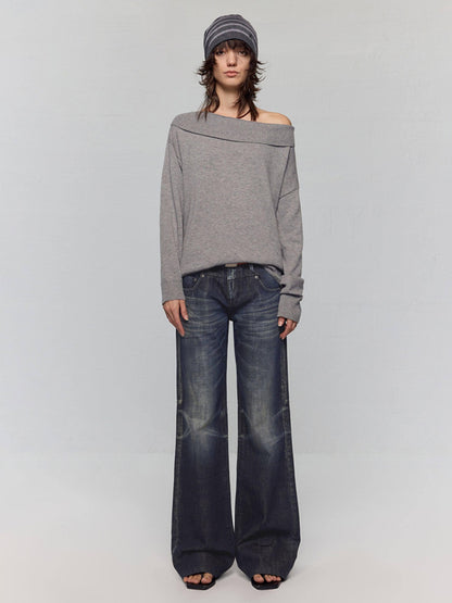 RUN TO THE FUTURE Vintage Commuter Loose Tie Asymmetric Neck Women Grey Knit Long Sleeve T-Shirts