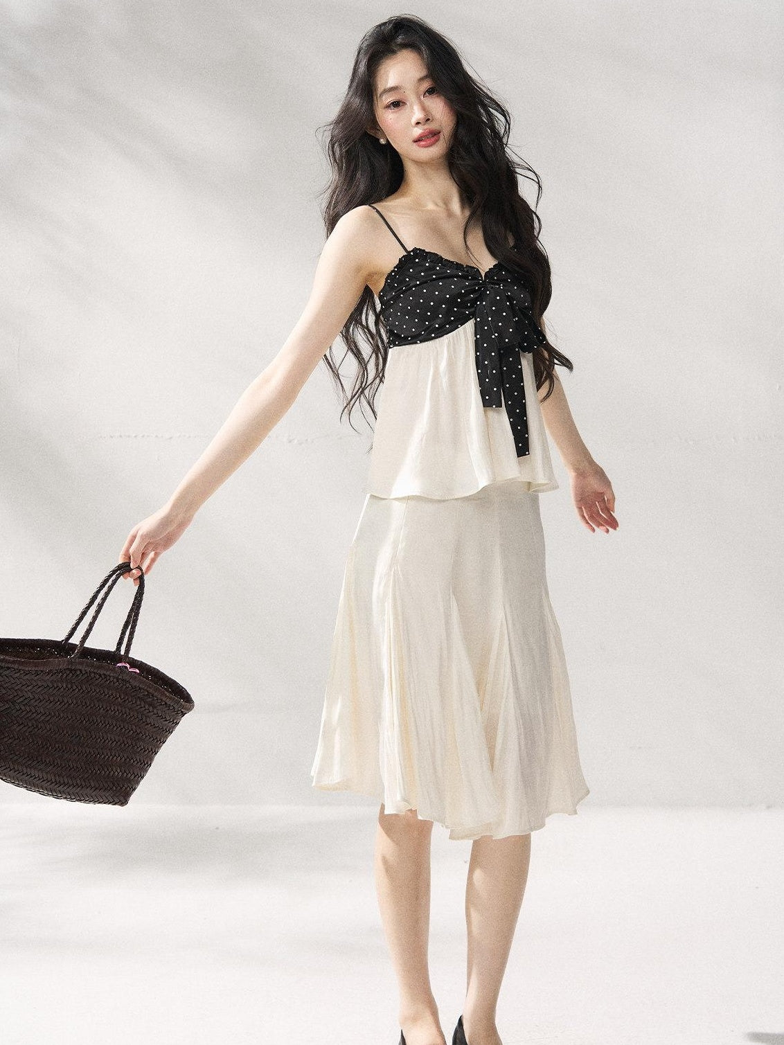 7Shiftin Ensemble deux pièces chic à pois avec nœud, caraco et jupe midi taille haute pour femme